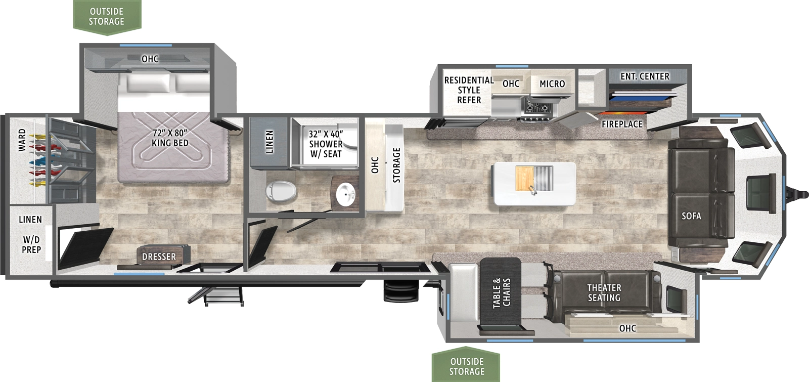 The Puma Destination 37PFL floorplan has two entries and three slide outs. Exterior features include: metal exterior and 19' awning. Interiors features include: kitchen island, rear bedroom and front living.